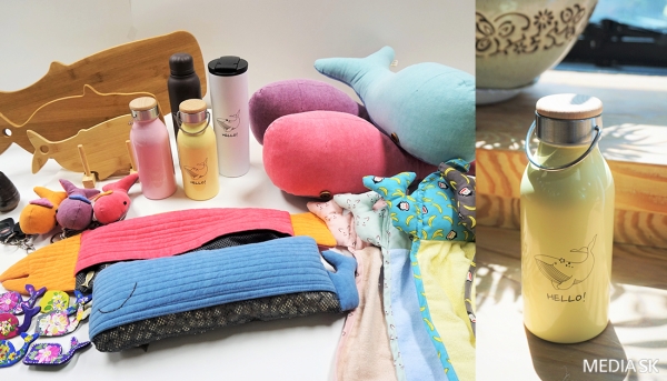 ‘우시산’의 고래 테마 제품들(왼쪽)과 그룹 ‘걸스데이’ 유라가 인증해 완판된 우시산 텀블러. [사진=SK]