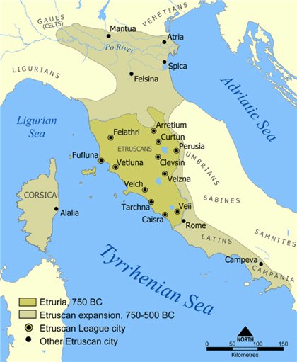 에트루리아 지역 (로마 바로 위쪽(짙은 녹색)에서 시작하여 그보다 더 위와 아래쪽(옅은 녹색)과 코르시카섬까지 확산)