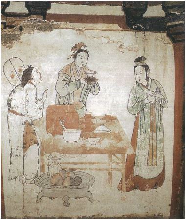 1117년 비차도, 요대 하북성 선화 장세고 묘 벽화.