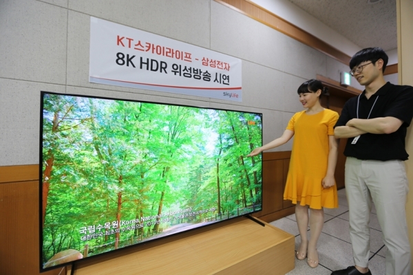 삼성전자와 KT스카이라이프 관계자가 8K 위성 방송을 2019년형 삼성 QLED 8K 82형을 통해 시청하고 있다. [사진=삼성전자]