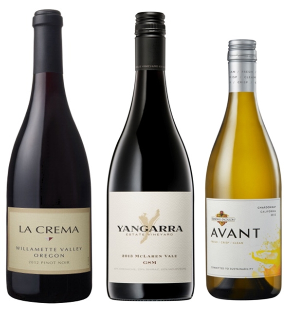 왼쪽부터 라 크레마 오레곤 윌러맷 밸리 피노누아 (La Crema Willamette Valley Pinoir Noir), 양가라 GSM (Yangarra GSM), 아방트 샤르도네 (Avant Chardonnay).