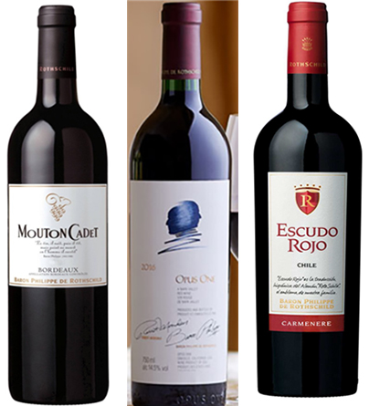 왼쪽부터 무통 까데 (보르도 브랜드 와인으로 세계에서 가장 많이 팔리는 와인), 오퍼스 원, 에스쿠도 로호 (붉은 방패라는 의미의 로칠드)