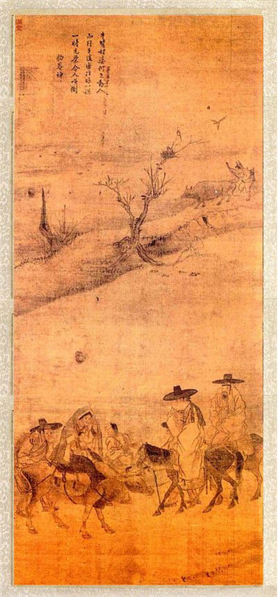 '노상풍정', 김홍도作, 1778년, 비단에 옅은 채색, 90.0cm×42.7cm, 《행려풍속도병》(8곡병), 국립중앙박물관 소장.