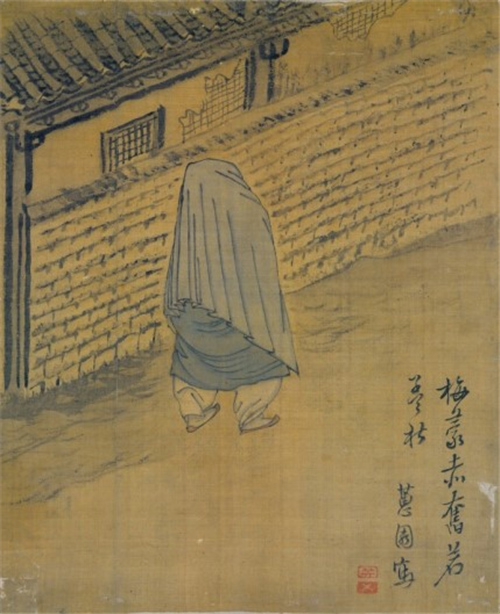 신윤복作 '처네를 쓴 여인', 1805년, 비단에 채색, 28.3cm×19.1cm, 신윤복필여속도첩, 국립중앙박물관 소장.