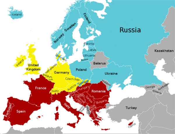 유럽의 알코올 벨트 붉은색 : 와인, 노란색; 맥주, 하늘색 : 보드카(증류주) 서구 유럽과 동구 유럽은 와인이 대세인 걸 이 지도에서도 한 눈에 알 수 있다. [그래픽=위키디피아]