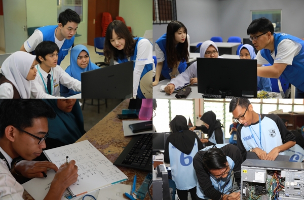 삼성전자 임직원 해외봉사단원들이 말레이시아에서 봉사활동을 하고 있다. [사진=삼성전자 제공]