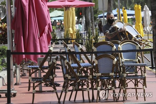 13일(현지시간) 신종 코로나바이러스 감염증(코로나19) 재확산으로 영업을 중단한 미국 플로리다 주 마이애미 비치에 있는 한 식당 종업원이 야외에 있는 의자들을 거두어 쌓아놓고 있다. [사진=AP/연합뉴스]