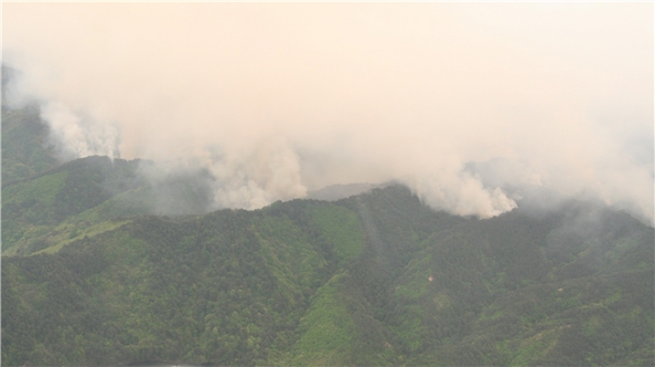 한석산(1119m) 기슭에서 발생한 불길은 강한 바람을 타고 동쪽의 정상방향으로 광범위하게 번지고 있다.