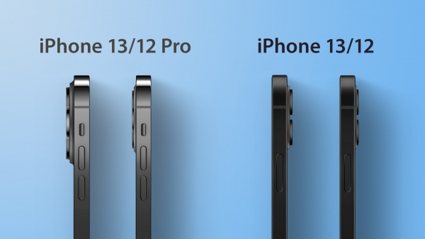 아이폰13·12 모델의 카메라 모듈과 측면 두께 비교 사진. [사진=맥루머스]