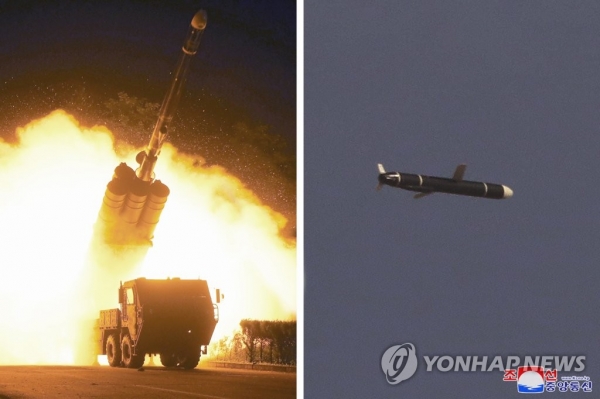 북한이 11일과 12일 새로 개발한 신형장거리순항미사일시험발사를 성공적으로 진행했다고 조선중앙통신이 13일 보도했다. [조선중앙통신=연합뉴스]