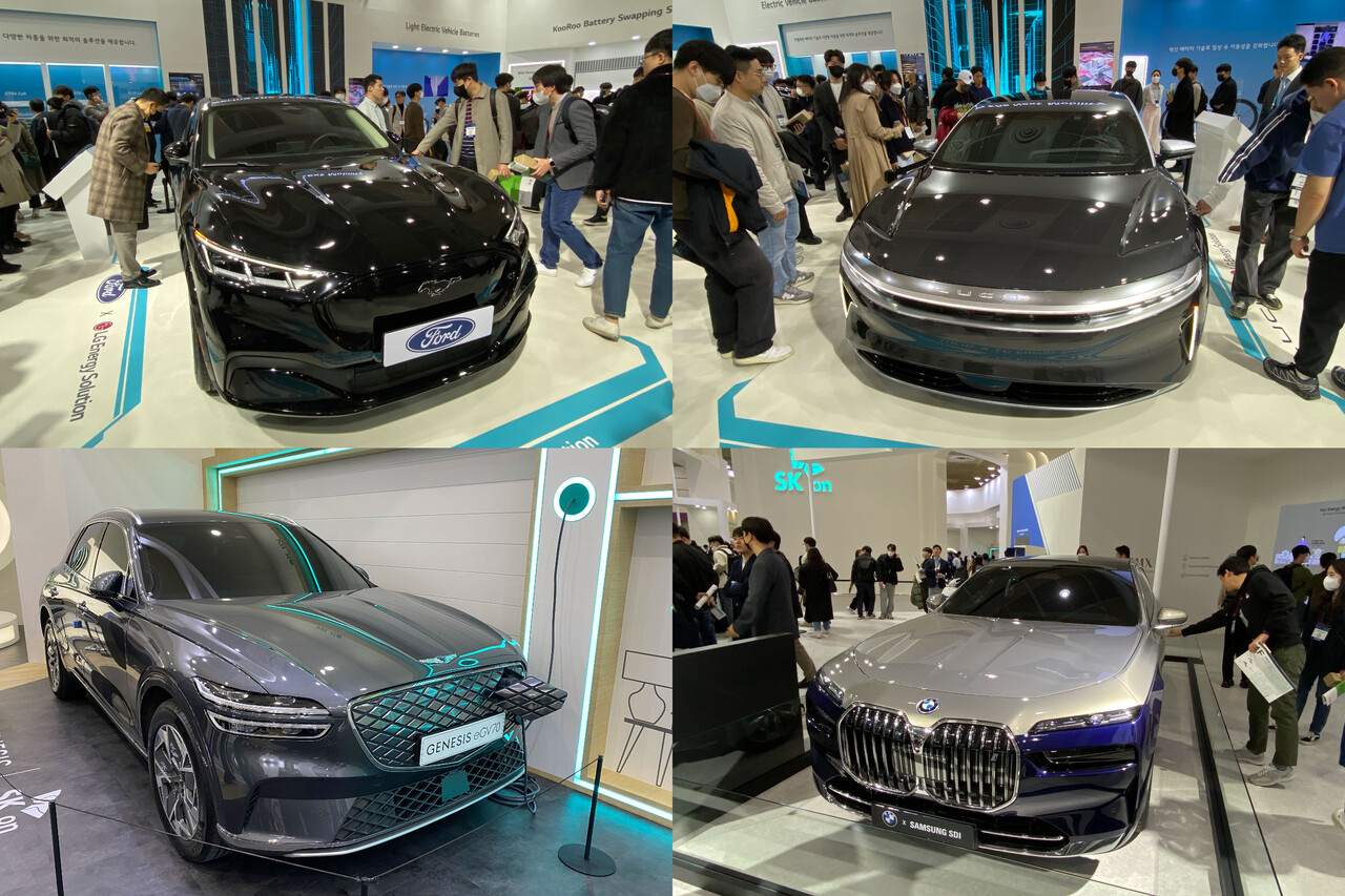 국내 배터리 3사 제품을 탑재한 전기차 모델들. (사진 왼쪽부터 시계 방향으로) 포드 머스탱 마하-E, 루시드 에어, BMW 뉴 i7, 제네시스 eGV70. [사진=김보민 기자]