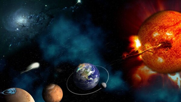 Recentemente, os astrônomos argumentaram que em 50 bilhões de anos nossa Terra, junto com Mercúrio e Vênus, acabará por causa do Sol alongado.  A imagem é uma imagem fictícia do fim da terra sendo devorado pelo sol e enfrentando a morte. [사진=phys.org]  