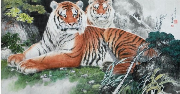 리률선 화가의 '백두산 호랑이 한쌍' 을 모작한 작품(2014년)