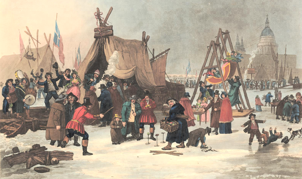 소빙하기인 1400~1850년 영국 템스강이 얼어붙을 때는 매년 ‘얼음 축제(River Thames Frost Fairs)’가 열렸다. 온갖 상점들과 맥줏집이 들어서고 축구와 볼링, 스케이팅 경기가 벌어지기도 했다. [사진= ​​​​​​​Regency History]