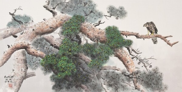 리경남 화가의 '소나무와 매'(128-64.5 2006년)