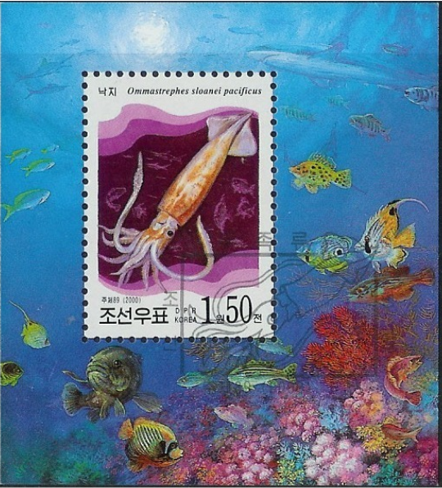 지난 2000년 북한이 발행한 우표. 오징어를 ‘낙지’로 표기하고 있다. 남북한에서는 오징어와 낙지가 뒤바뀌어 사용되고 있다. [사진=연합뉴스]