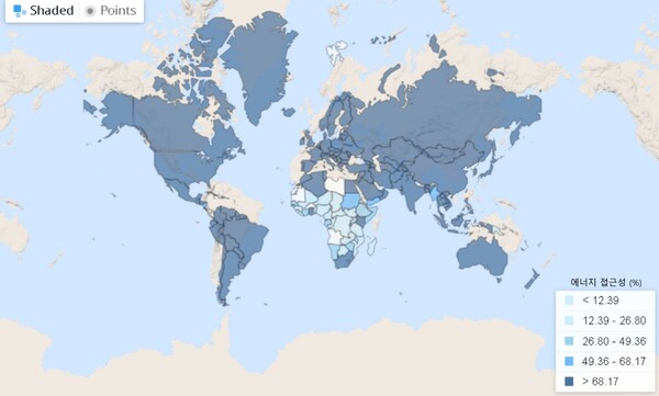 2021세계 전기에너지 접근성 지도(농촌인구의 비율%) [그래픽=세계은행(The World Bank)]
