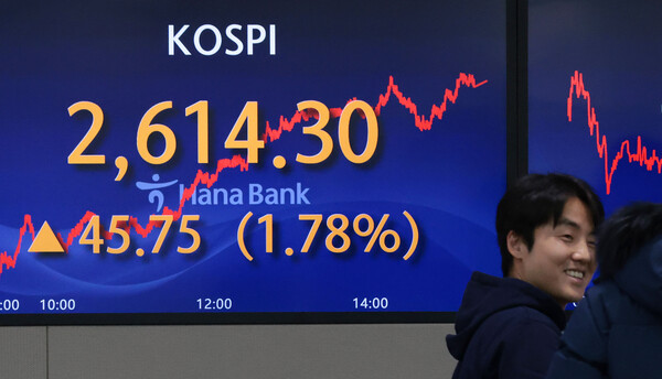 미국 연방준비제도가 이달 중순 기준금리 동결과 금리 인하 가능성을 시사한 이후 국내 증권사들이 내년 코스피 지수 전망을 상향 조정하고 있다. 서울 중구 하나은행 딜링룸. [사진=연합뉴스]