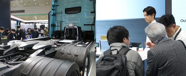삼성SDI 부스. 삼성SDI는 시험용 전기트럭을 전시했다. (오른쪽 사진) 일본의 한 업계 관계자가 부스를 방문해 담당 직원과 대화를 하고 있다. [사진=김민우 기자]