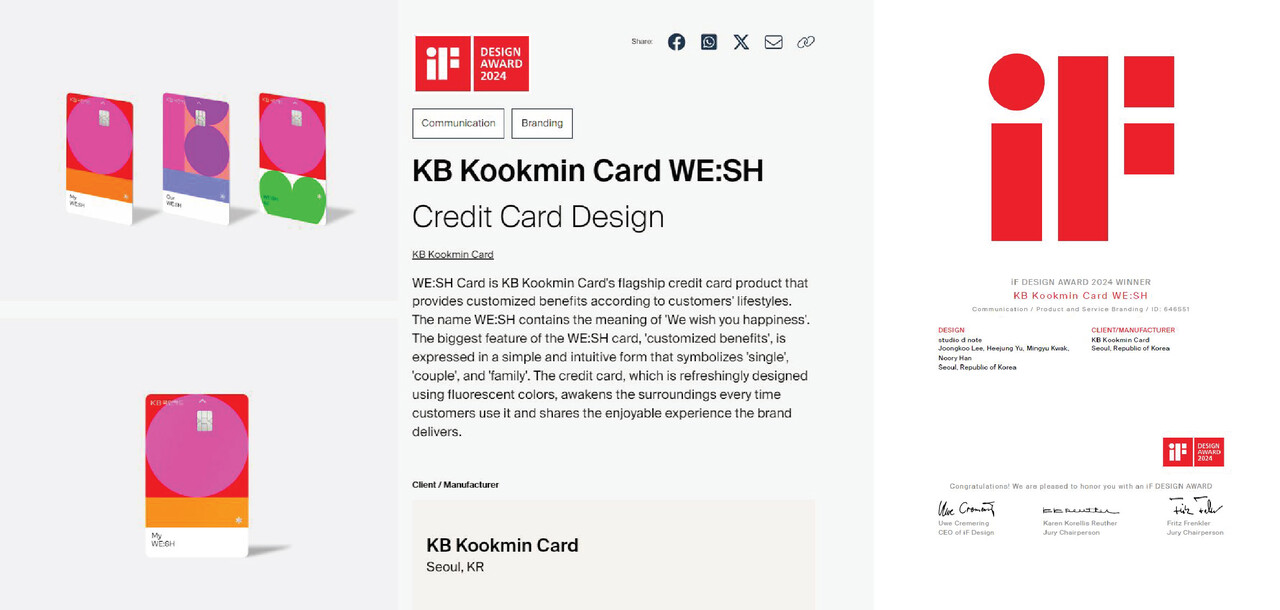 KB국민카드는 'WE:SH'(위시) 카드로 세계 3대 디자인상인 'iF 디자인 어워드 2024'에서 커뮤니케이션 부문 본상을 수상했다고 11일 밝혔다. [KB국민카드 제공=뉴스퀘스트]