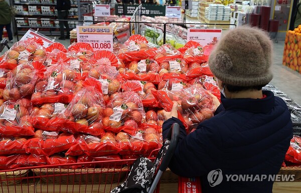 과일과 채소 등 농산물 물가가 급등하고 있는 가운데 18일 오전 서울 시내 한 대형마트에서 한 시민이 사과를 고르고 있다. [사진=연합뉴스]