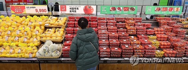 과일과 채소 등 농산물 물가가 급등하고 있는 가운데 18일 오전 서울 시내 한 대형마트에서 한 시민이 과일을 고르고 있다. [사진=연합뉴스]