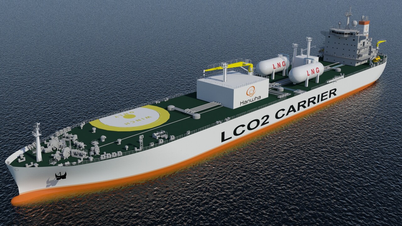 한화오션이 개발하고 기본 승인을 획득한 대형 액화 이산화탄소 운반선 조감도 [한화오션 제공=뉴스퀘스트]