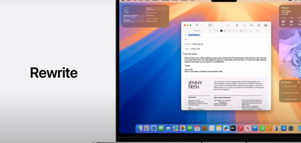 애플이 지난 10일(현지시간) '연례 세계 개발자 회의'에서 자사의 AI 시스템인 '애플 인텔리전스'를 공개했다. 이번 발표에서는 텍스트 '다시 쓰기' 기능이 추가됐다. [애플 WWDC 영상 캡쳐=사진]