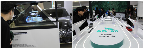 지난 3월 서울 코엑스 '인터배터리 2024'에 마련된 SK온 부스. (왼쪽 사진) 제네시스 차량과 함께 지난해 CES 최고 혁신상을 수상한 SK온의 SF 배터리가 전시돼 있다. (오른쪽 사진) SK온이 그간 개발해온 배터리 포트폴리오. [사진=김민우 기자]