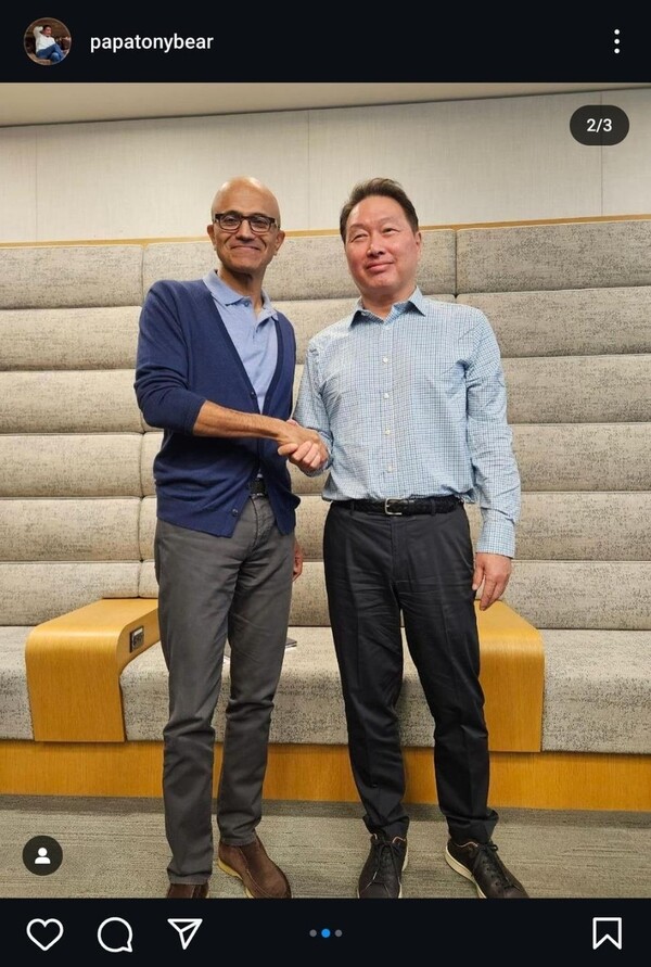 사티아 나델라 MS CEO와 만난 최태원 회장. [사진=연합뉴스]