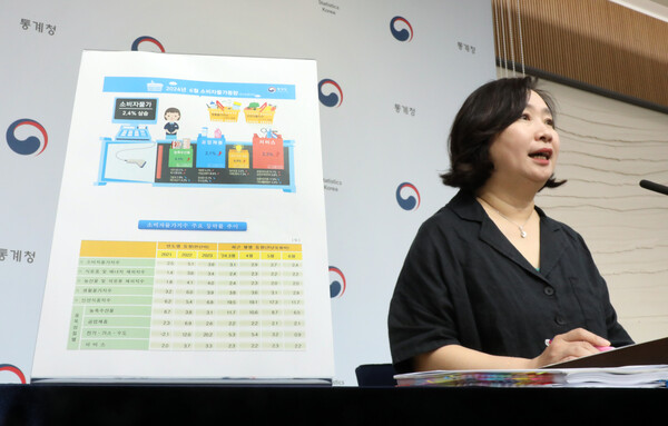  통계청이 2일 발표한 6월 소비자물가동향에 따르면 소비자물가지수는 113.84(2020년=100)로 전년 동기 대비 2.4% 올랐다. 공미숙 통계청 경제동향통계심의관이 이날 오전 정부세종청사에서 2024년 6월 소비자물가동향에 관해 설명하고 있는 모습. [사진=연합뉴스]