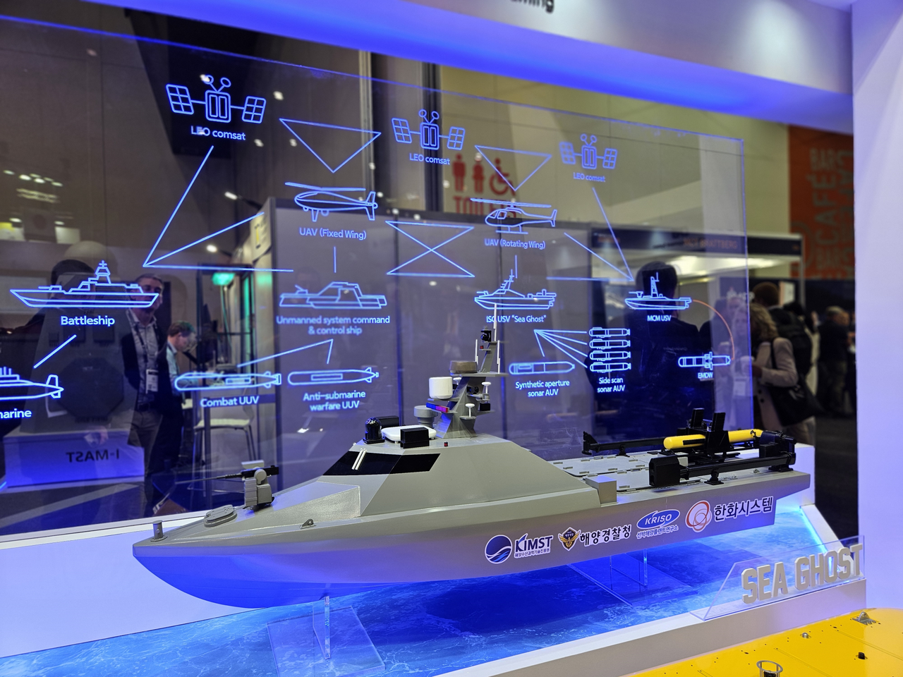 한화시스템이 호주 IODS에서 국내 최초 연안수색·감시 임무에 투입 예정인 무인수상정 '해령'을 선보이고 있다. [한화시스템 제공=뉴스퀘스트]