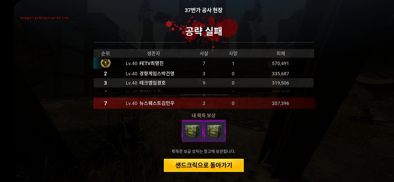 37번가 공사 현장 플레이 이후 화면. 보스 좀비를 처치하지 못했다. 자신이 좀비 떼에 입힌 피해량 순위를 확인할 수 있다. [사진=김민우 기자]