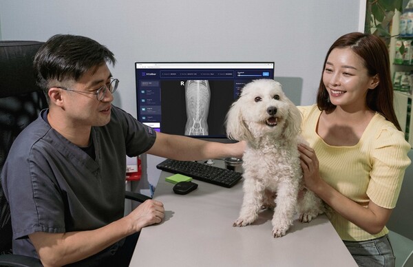 서울 소재 동물병원에서 수의사가 엑스칼리버를 활용해 강아지의 엑스레이 사진을 판독하고 진료하고 있다. [SK텔레콤 제공=뉴스퀘스트]