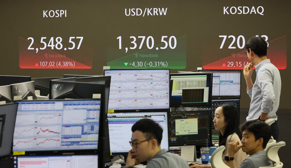전날 사상 최악의 폭락을 기록했던 주식시장이 진정세로 돌아섰다. 6일 한국거래소에 따르면 코스피는 전 거래일 대비 00p(00%) 상승한 0000에, 코스닥도 17.76p(2.57%) 오른 709.04에 거래를 마쳤다. 사진은 이날 오전 서울 중구 하나은행 본점 딜링룸. [사진=연합뉴스]