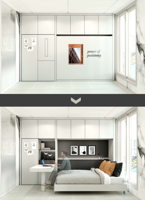 ‘H 트랜스포밍 월&퍼니처Ⅲ’는 거실 월플렉스 이동 후, 벽면에 매립된 1인용 책상과 퀸사이즈 침대를 펼쳐 홈오피스 및 게스트룸으로 활용 가능하다. [현대건설 제공=뉴스퀘스트] 