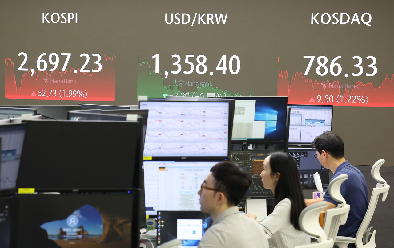 미국 경기 침체 우려가 완화되면서 삼성전자와 SK하이닉스가 상승세를 보인 가운데 코스피가 2700대 진입을 눈 앞에 두고 있다. 서울 중구 하나은행 본점 딜링룸. [사진=연합뉴스]