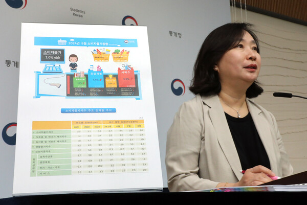 통계청이 3일 발표한 소비자물가 동향에 따르면 8월 소비자물가 지수는 114.54(2020년=100)로 1년 전보다 2.0% 높아진 것으로 집계됐다. 공미숙 경제동향통계심의관이 이날 오전 정부세종청사에서 관련 내용을 설명하고 있는 모습. [사진=연합뉴스]