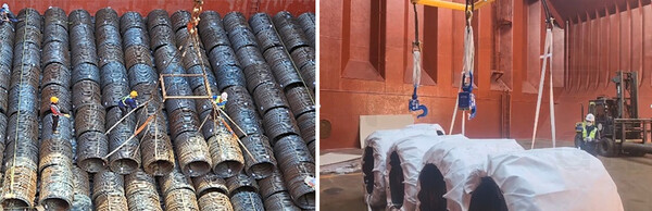 (사진 왼쪽) 하역도구 개선 전, 작업자들이 불안전한 상태에서 줄걸이 해체 작업 중이다. (사진 오른쪽) ‘자동후크해지장치’를 활용한 모습. [포스코플로우 제공=뉴스퀘스트]