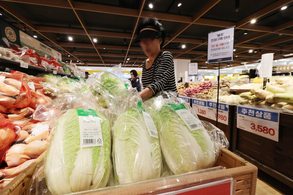 통계청은 9월 소비자물가 지수 발표를 통해 114.65(2020년=100)로 전년 동기 대비 1.6% 상승했다고 2일 밝혔다. 서울 시내의 한 대형마트에 진열된 배추. [사진=연합뉴스]