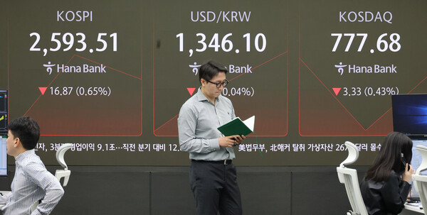 최근 한국 주식시장의 변동성이 커진 가운데 주요 증권사들이 은행업종에 대해 3분기 실적과 밸류업 프로그램 수혜 효과로 주가 상승 여력이 충분하다는 의견을 내놓고 있다. 하나은행 본점 딜링룸 모습. [사진=연합뉴스]