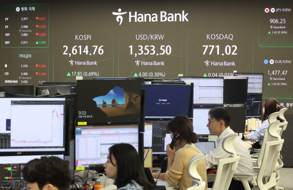 한국거래소에 따르면 금융주 중 코스피 시가총액 1위를 기록하고 있는 KB금융은 이날 오전 11시 20분께 이전 거래일 종가보다 5% 넘게 상승하면서 9만6000원대에 거래됐다. 서울 중구 하나은행 본점 딜링룸. [사진=연합뉴스]