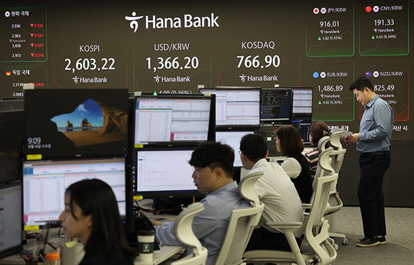 16일 오전 서울 중구 하나은행 딜링룸 현황판에 코스피 및 코스닥 지수가 표시돼있다.이날 오전 9시 2분 현재 코스피는 전장보다 31.55포인트(1.20%) 하락한 2,601.90, 같은 시각 코스닥지수도 전장보다 7.11포인트(0.92%) 내린 766.70이다. [사진=연합뉴스]