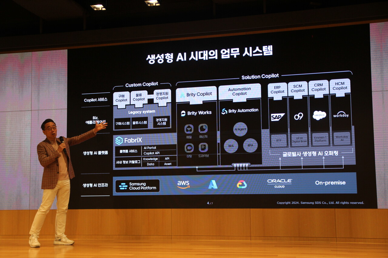 황성우 삼성SDS 대표이사가 지난 5월 2일 잠실캠퍼스에서 자사의 생성형 AI 서비스를 설명하고 있다. [사진=김민우 기자]