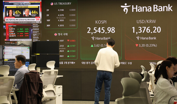 미국 대선을 하루 앞두고, 글로벌 증시 변동성이 커질 것으로 예상되는 가운데 증권업계는 방어적 전략을 추천했다. 서울 중구 하나은행 본점 딜링룸. [사진=연합뉴스]
