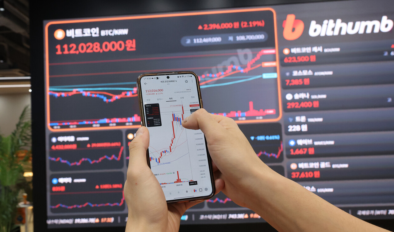 도널드 트럼프 전 대통령이 차기 미국 대통령으로 당선된 후 비트코인을 비롯한 주요 가상화폐 가격이 급등세를 보이고 있다. 빗썸라운지 서울 강남점 실시간 거래 현황판 모습. [사진=연합뉴스]