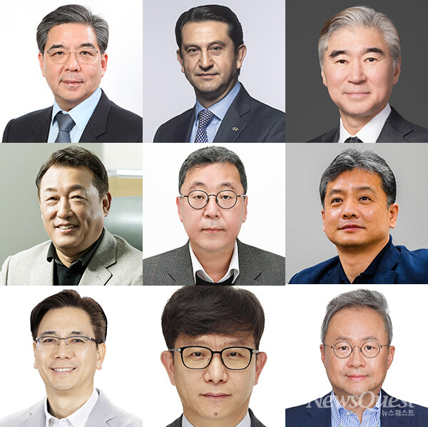 (사진 왼쪽 상단부터) 장재훈 현대차 부회장, 호세 무뇨스 현대차 사장, 성김 현대차 사장, 최준영 기아 사장, 이규복 현대글로비스 사장, 주우정 현대엔지니어링 사장, 오준동 현대케피코 부사장, 이한우 현대건설 부사장,백철승 현대드랜시스 부사장. [사진제공=현대차그룹/편집=뉴스퀘스트]