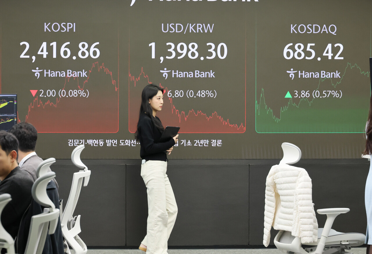 15일 코스피는 전장보다 2.00포인트(0.08%) 하락한 2416.86에 장을 마치면서 4거래일 연속 2400선에 머물렀다. 서울 중구 하나은행 본점 딜링룸. [사진=연합뉴스]