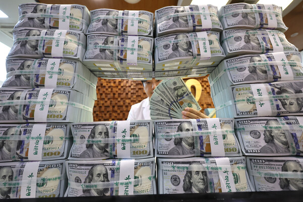 한국은행이 20일 발표한 '2024년 3분기 국제투자대조표(잠정)'에 따르면 대외금융자산(대외투자)은 2조 5135억달러로 지난 2분기 말(2조 3952억달러)보다 227억달러 증가했다. 서울 중구 하나은행 위·변조 대응센터에서 직원이 달러를 정리하고 있는 모습. [사진=연합뉴스]