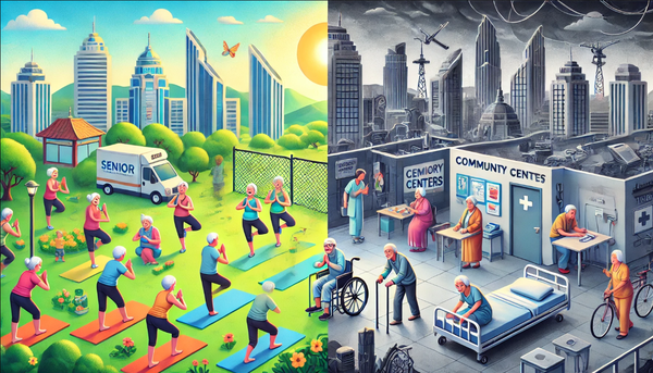 챗Gpt가 그린 초고령 사회의 명암 일러스트.